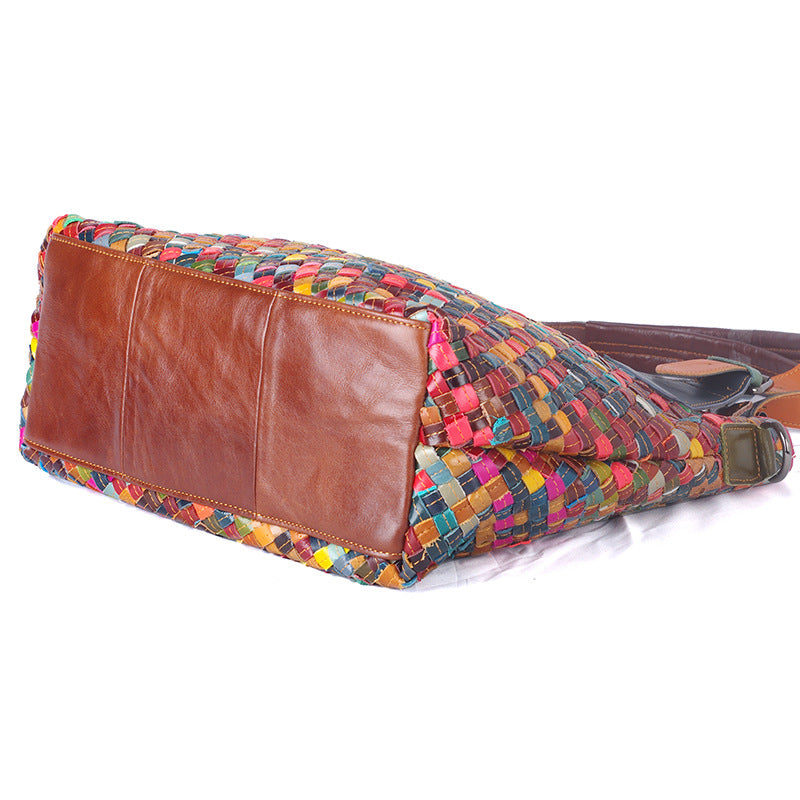 Genuine Cowhide Woven Multicolor Handbag for Women, Casual Street Ethnic Boho Style, Handmade Top Handle Shoulder Purse for Ladies