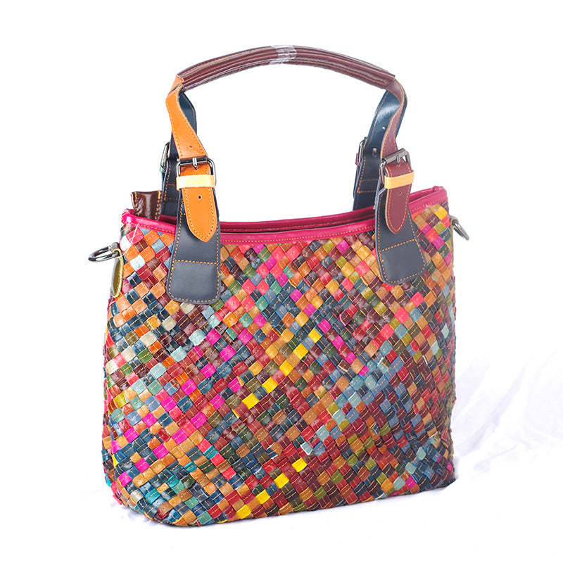 Genuine Cowhide Woven Multicolor Handbag for Women, Casual Street Ethnic Boho Style, Handmade Top Handle Shoulder Purse for Ladies