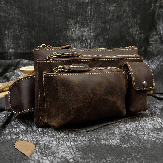 Vintage Crazy Horse Leather 3-Layer Cashier Waist Bag, Multifunctional Crossbody Chest Pouch, Top Layer Cowhide Travel Wallet for Men