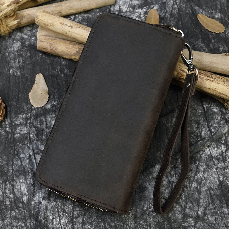 Crazy Horse Leather Double Zipper Long Wallet, Multi-Card Large Capacity Clutch, Genuine Leather Phone Bag for Men