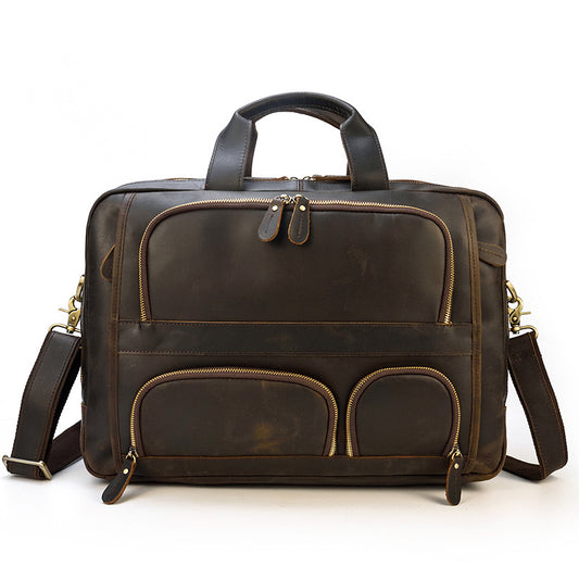 Vintage Crazy Horse Leather 16-Inch Laptop Briefcase, Commute Top Handle Shoulder Crossbody Bag, Premium Work Bag for Men