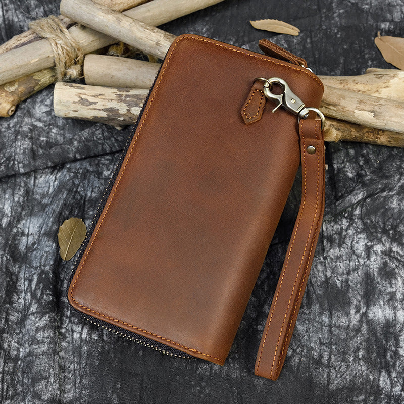 Crazy Horse Leather Double Zipper Long Wallet for Men, Genuine Cowhide Bifold Clutch with Two-Zip Closure, Premium Men's Wallet