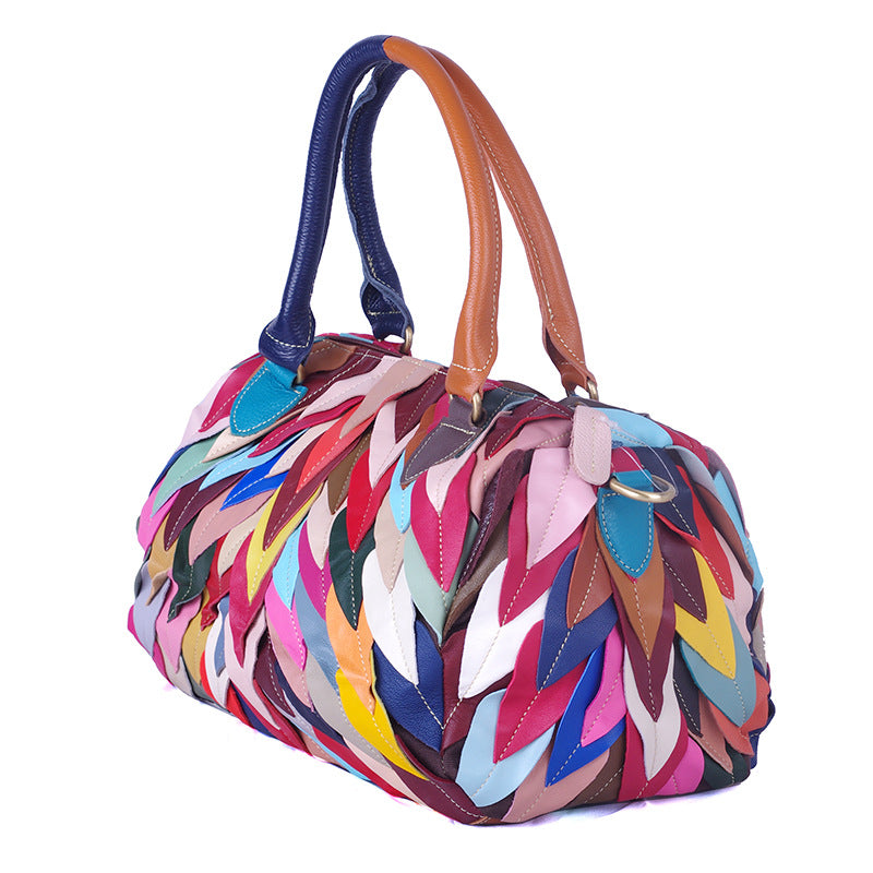 Genuine Sheepskin Leather Colorful Color Block Handbag for Women, Crossbody Top Handle Shoulder Purse, Casual Travel Bag for Ladies