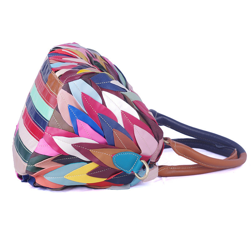 Genuine Sheepskin Leather Colorful Color Block Handbag for Women, Crossbody Top Handle Shoulder Purse, Casual Travel Bag for Ladies