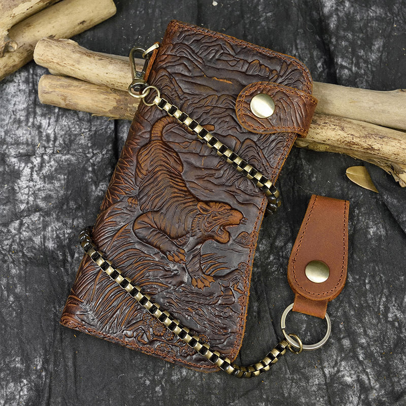 Crazy Horse Leather RFID Blocking Long Wallet for Men, Anti-Theft Chain Clutch, Secure Card Holder Money Bag for Gentlemen