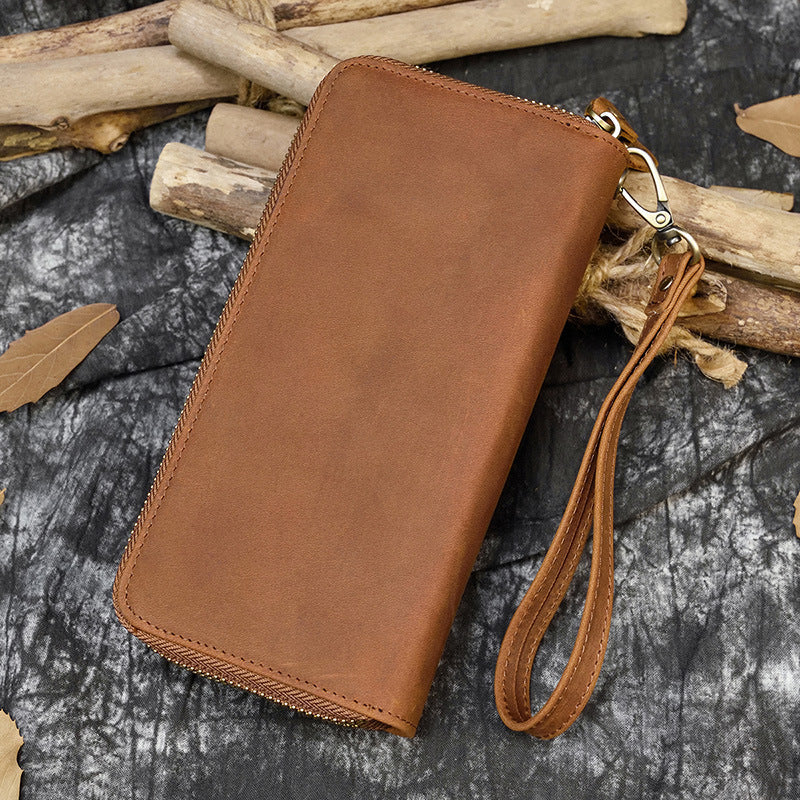 Crazy Horse Leather Double Zipper Long Wallet, Multi-Card Large Capacity Clutch, Genuine Leather Phone Bag for Men