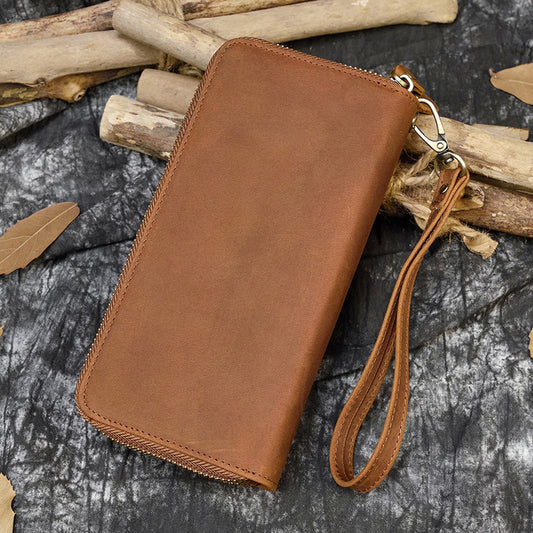 Crazy Horse Leather Double Zipper Long Wallet, Multi-Card Large Capacity Clutch, Genuine Leather Phone Bag for Men
