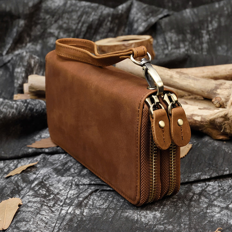 Crazy Horse Leather Double Zipper Long Wallet, Multi-Card Large Capacity Clutch, Genuine Leather Phone Bag for Men