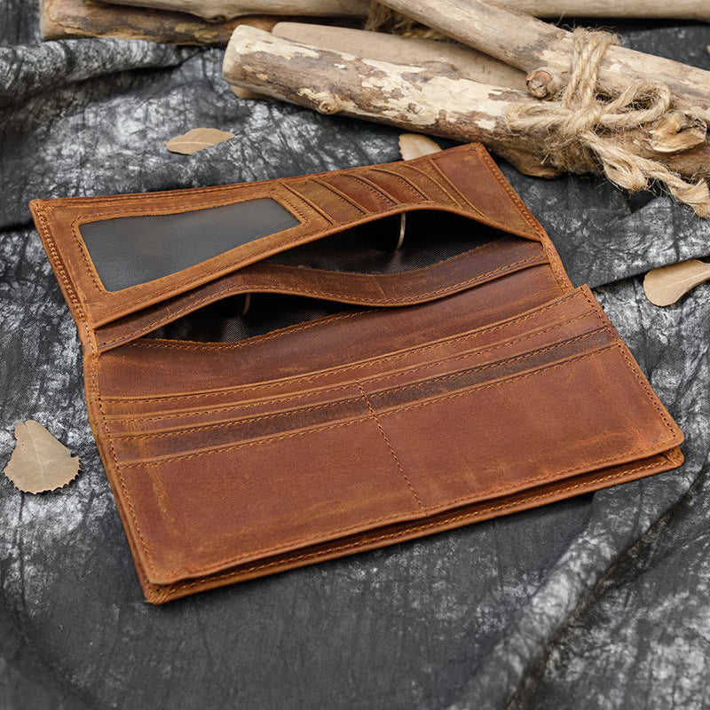 Crazy Horse Leather Multi-Card Long Wallet for Men, Minimalist Top Layer Cowhide Money Holder, Genuine Leather Wallet 8030