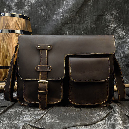 Crazy Horse Leather Flap Crossbody Shoulder Bag, Top Layer Cowhide Briefcase, Classic Work Bag for Men
