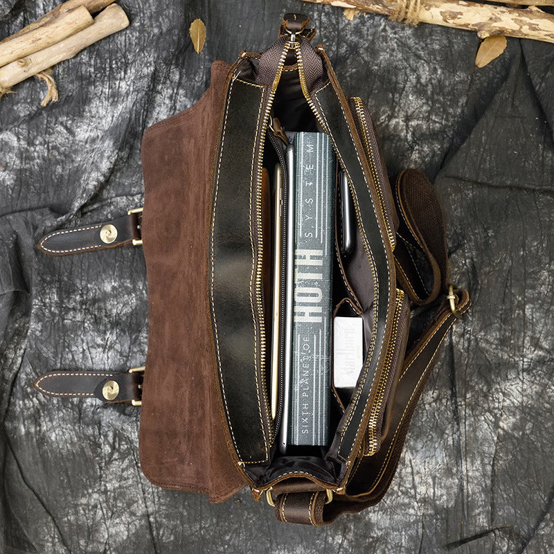 Large Capacity Crazy Horse Leather Flap Briefcase, A4 Size Crossbody Shoulder Bag, Casual Commute Work Bag for Men
