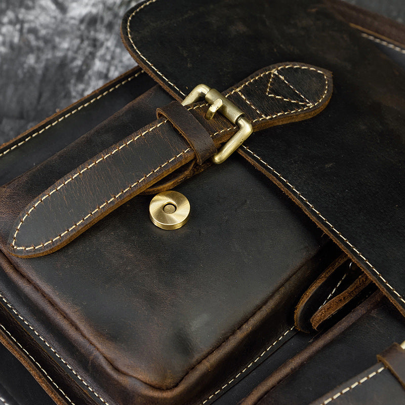 Large Capacity Crazy Horse Leather Flap Briefcase, A4 Size Crossbody Shoulder Bag, Casual Commute Work Bag for Men