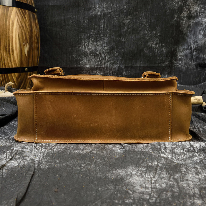 Genuine Top Layer Cowhide Crazy Horse Leather Briefcase for Men, A4 Size Flap Crossbody Shoulder Bag, Casual Commute Work Bag for Gentlemen