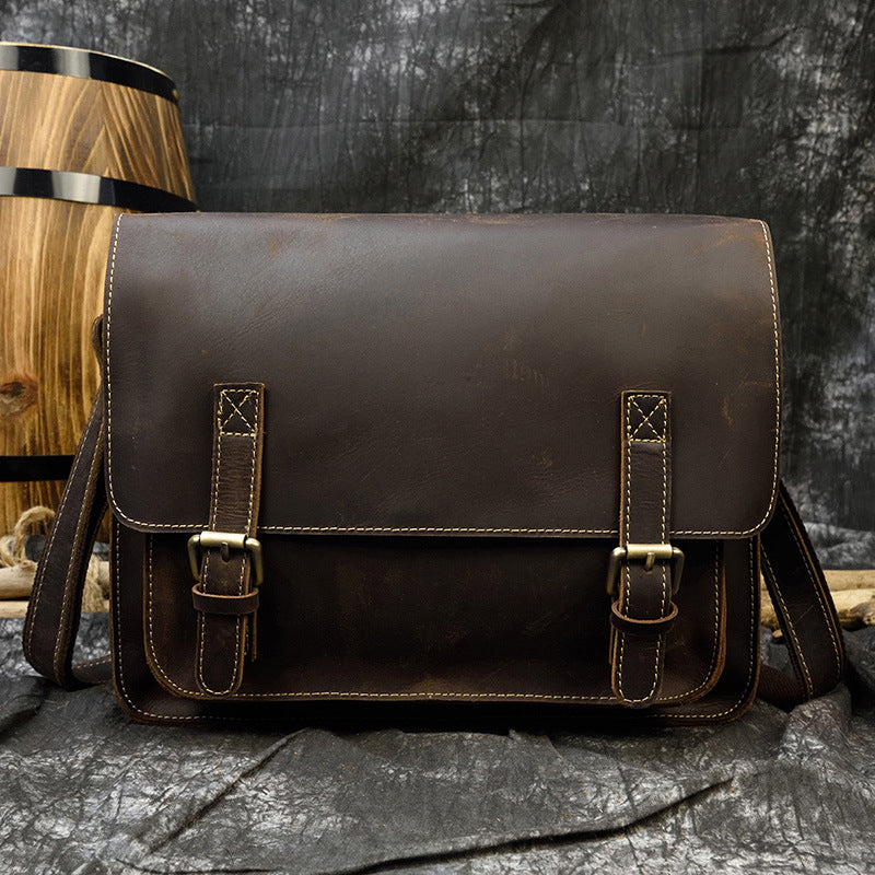 Genuine Top Layer Cowhide Crazy Horse Leather Briefcase for Men, A4 Size Flap Crossbody Shoulder Bag, Casual Commute Work Bag for Gentlemen