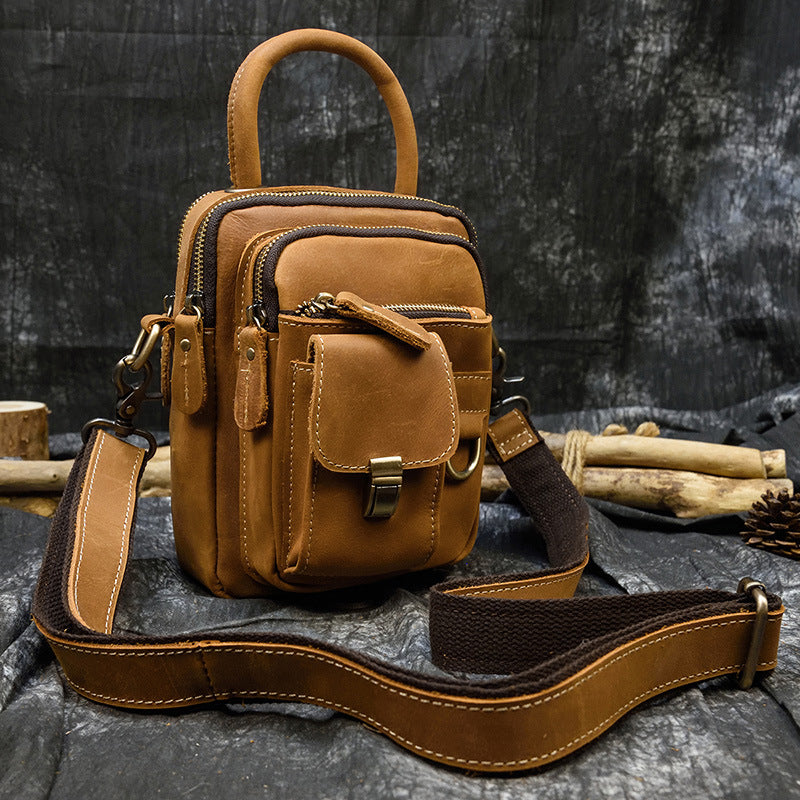 Crazy Horse Leather Multifunctional 3-in-1 Bag, Waist Shoulder Crossbody Pouch, Outdoor Sports Phone Holder for Men