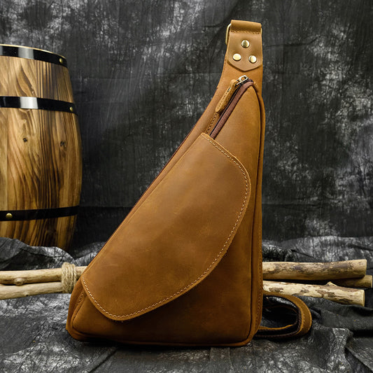 Vintage Crazy Horse Leather Chest Bag, Top Layer Cowhide Crossbody Shoulder Sling Pouch for Men