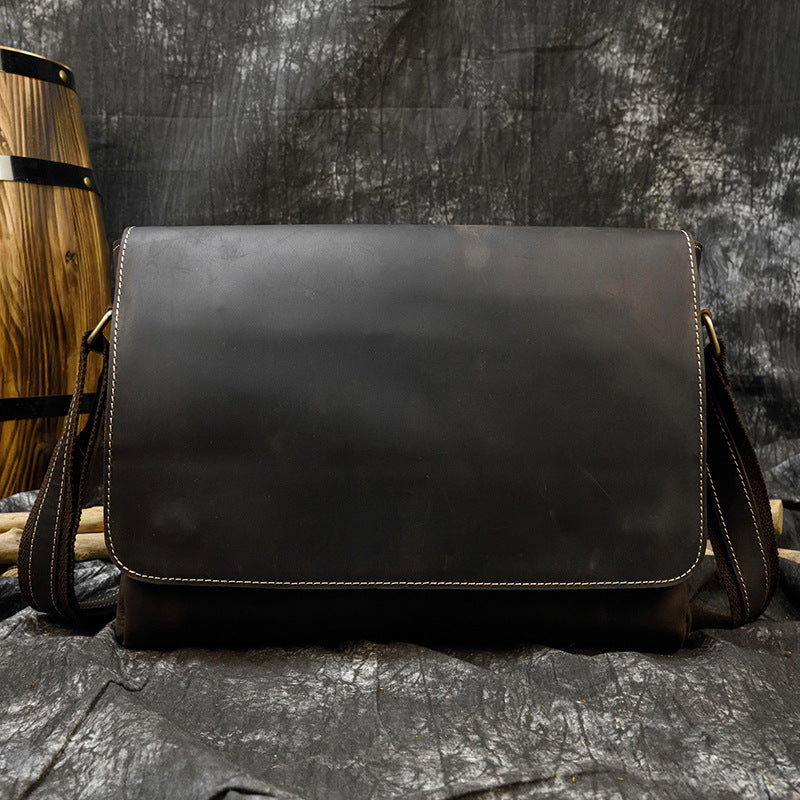 Vintage Crazy Horse Leather Shoulder Crossbody Bag, Genuine Cowhide Pouch, Casual Men's Bag