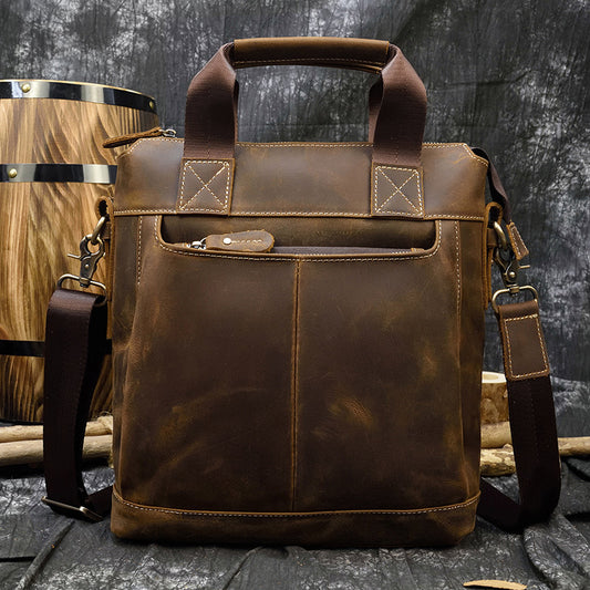 Genuine Crazy Horse Cowhide Vertical A4 Briefcase for Men, Vintage Casual Business Shoulder Crossbody Bag, Premium Leather Work Bag for Gentlemen