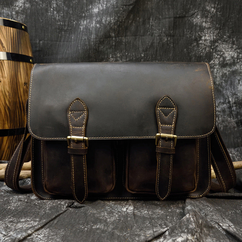 Large Capacity Crazy Horse Leather Flap Briefcase, A4 Size Crossbody Shoulder Bag, Casual Commute Work Bag for Men