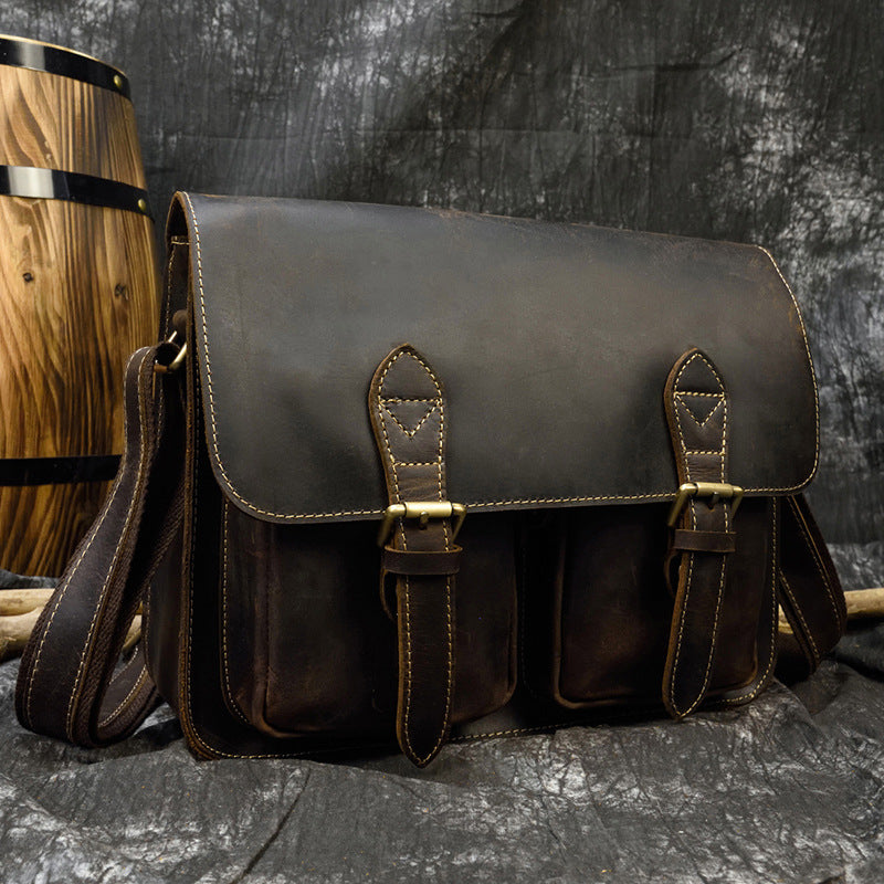 Large Capacity Crazy Horse Leather Flap Briefcase, A4 Size Crossbody Shoulder Bag, Casual Commute Work Bag for Men