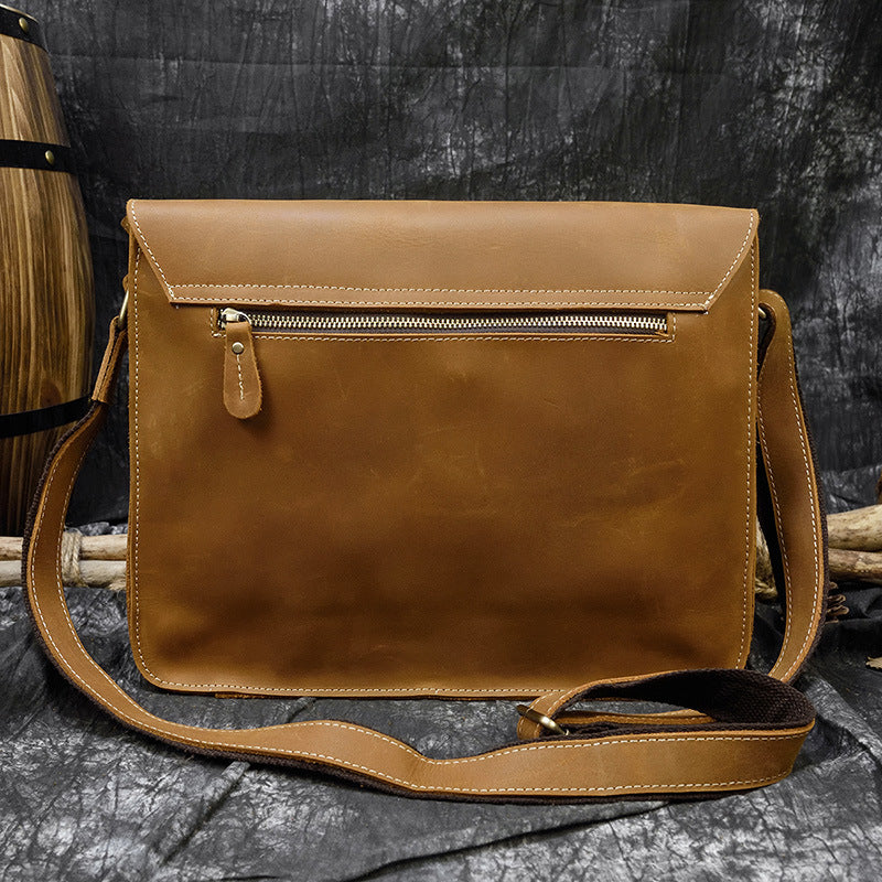 Genuine Top Layer Cowhide Crazy Horse Leather Briefcase for Men, A4 Size Flap Crossbody Shoulder Bag, Casual Commute Work Bag for Gentlemen