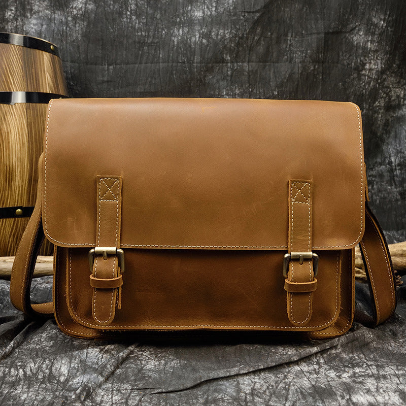 Genuine Top Layer Cowhide Crazy Horse Leather Briefcase for Men, A4 Size Flap Crossbody Shoulder Bag, Casual Commute Work Bag for Gentlemen