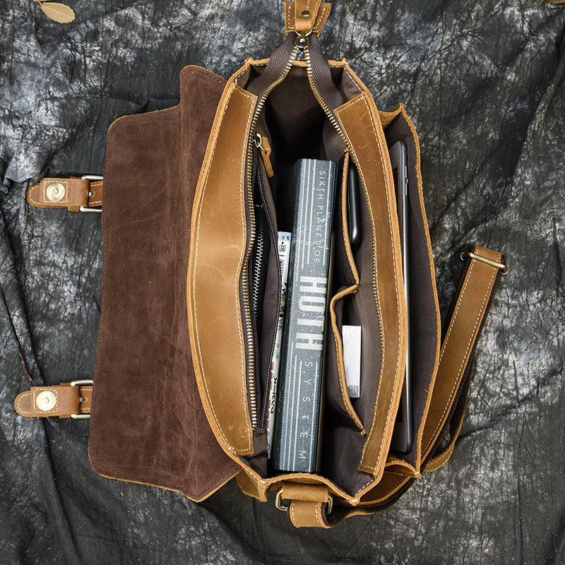 Genuine Top Layer Cowhide Crazy Horse Leather Briefcase for Men, A4 Size Flap Crossbody Shoulder Bag, Casual Commute Work Bag for Gentlemen