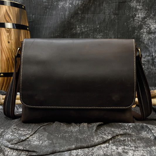 Vintage Crazy Horse Leather A4 Flap Briefcase, Large Capacity Crossbody Shoulder Bag, Commute Work Bag for Men