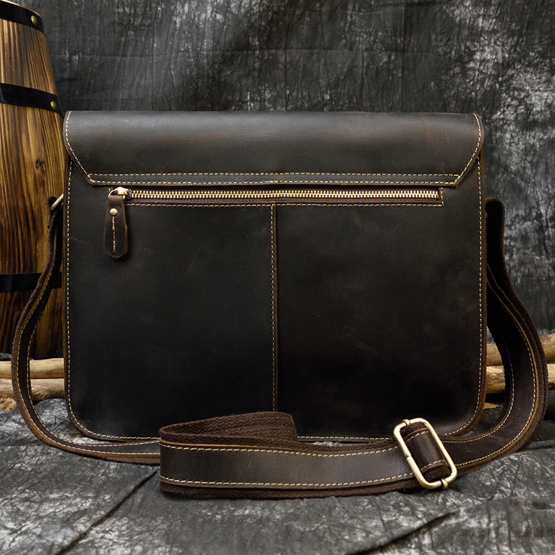 Large Capacity Crazy Horse Leather Flap Briefcase, A4 Size Crossbody Shoulder Bag, Casual Commute Work Bag for Men