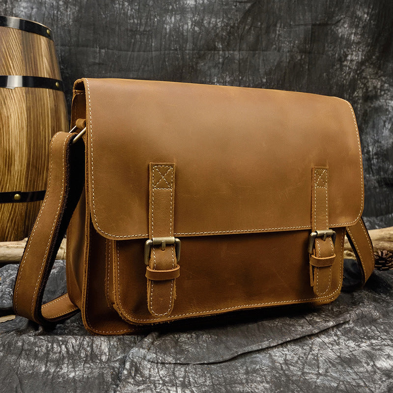 Genuine Top Layer Cowhide Crazy Horse Leather Briefcase for Men, A4 Size Flap Crossbody Shoulder Bag, Casual Commute Work Bag for Gentlemen