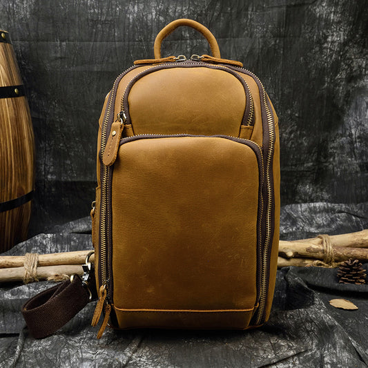 Vintage Crazy Horse Leather Large Capacity Chest Bag with USB Port, Crossbody Shoulder Backpack, Casual Travel Pouch for Men
