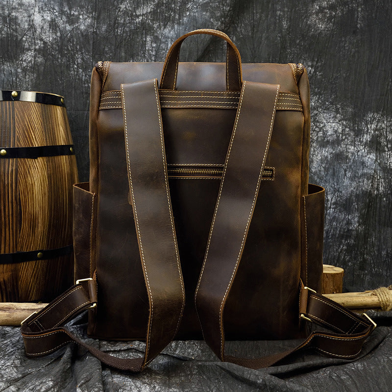 Crazy Horse Leather Large Capacity Travel Backpack, Genuine Top Layer Cowhide School Daypack for Men and Students