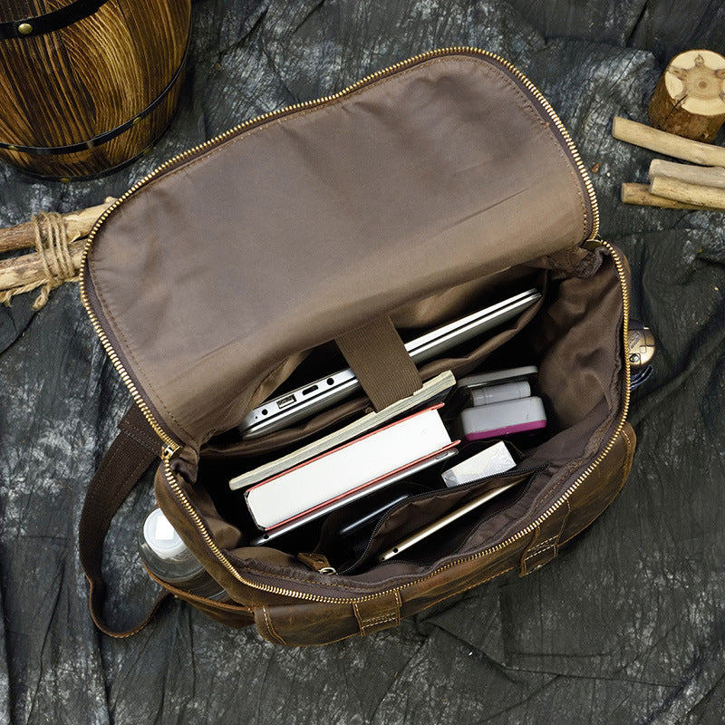Crazy Horse Leather Large Capacity Travel Backpack, Genuine Top Layer Cowhide School Daypack for Men and Students