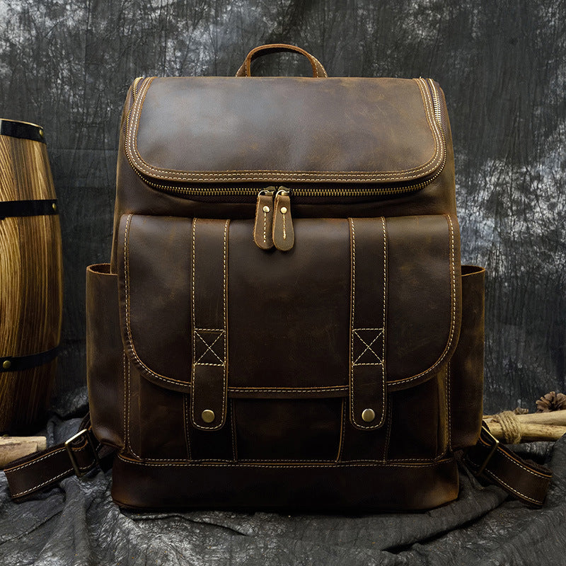 Crazy Horse Leather Large Capacity Travel Backpack, Genuine Top Layer Cowhide School Daypack for Men and Students