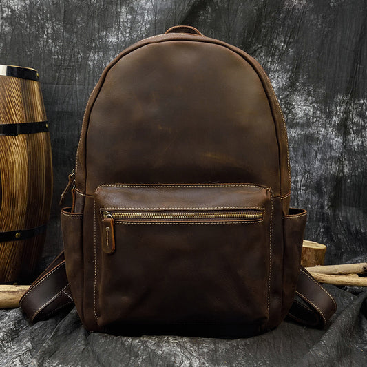 Minimalist Lightweight Crazy Horse Leather Backpack, Vintage Casual Travel Daypack, Genuine Leather Bag for Men