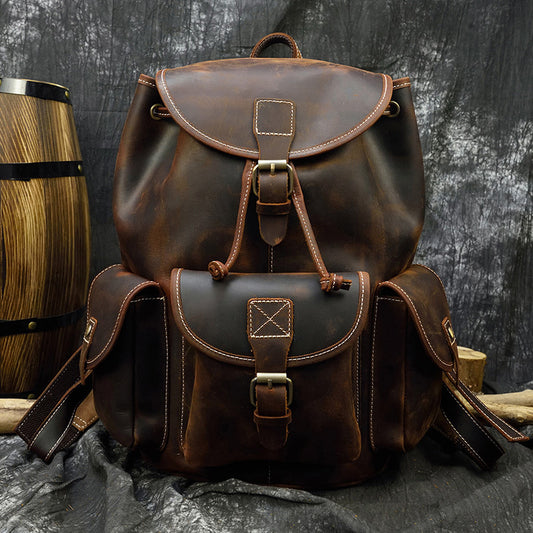 Classic Vintage Crazy Horse Leather Backpack, Casual Large Capacity School Daypack, Premium Genuine Leather Bag for Men and Women