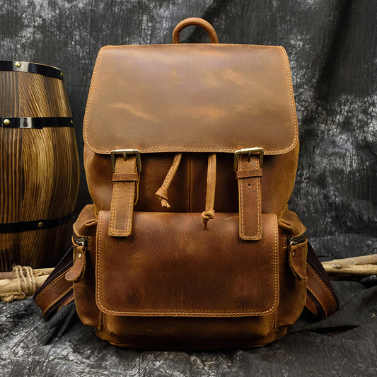 Vintage Crazy Horse Leather Unisex Backpack, Top Layer Cowhide Travel Daypack, Versatile Casual Bag for Men and Women