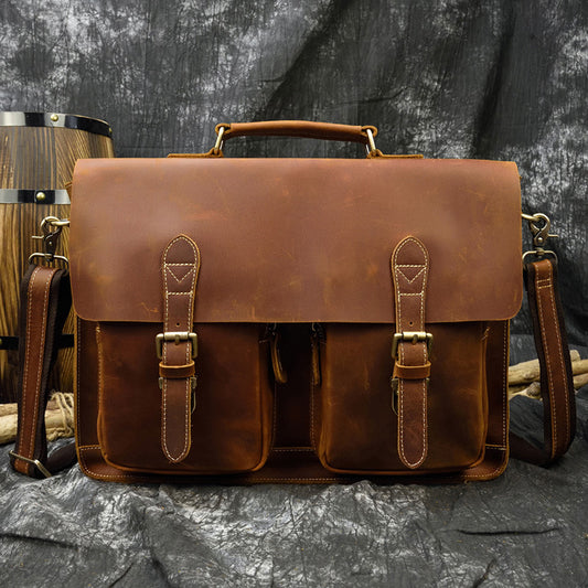 Vintage Crazy Horse Leather Business Briefcase, Crossbody Laptop Work Bag, Premium Top Handle Handbag for Men