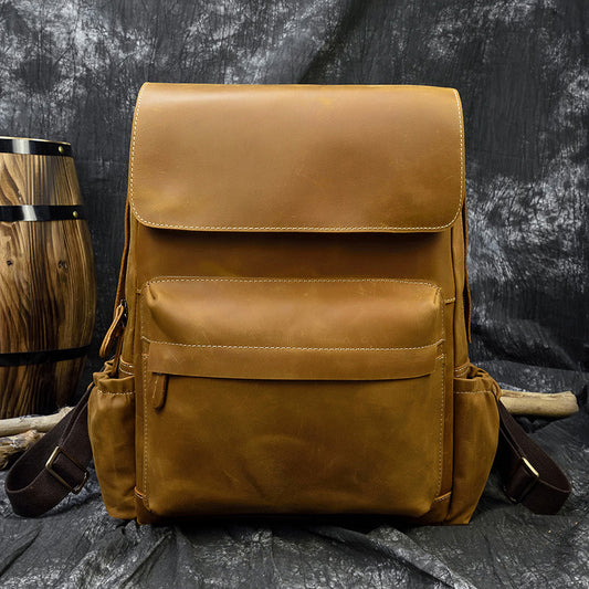 Vintage Crazy Horse Leather 16-Inch Laptop Backpack, Large Capacity Travel Daypack, Casual Outdoor Rucksack for Men