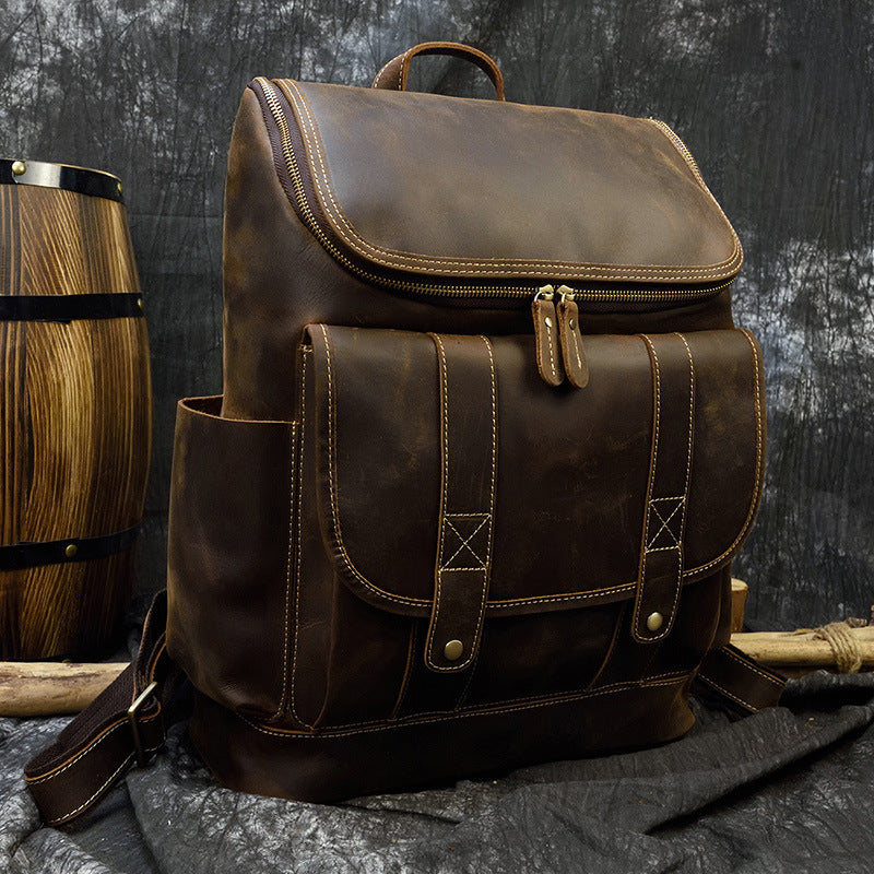 Crazy Horse Leather Large Capacity Travel Backpack, Genuine Top Layer Cowhide School Daypack for Men and Students