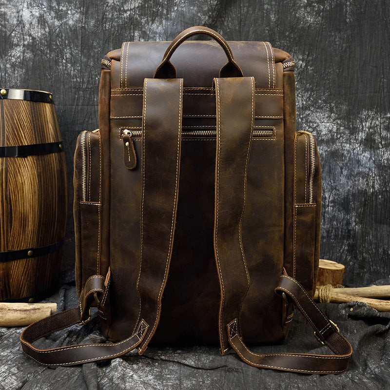 Large Capacity Crazy Horse Leather Backpack, Student School Travel Daypack, Premium Genuine Leather Bag for Men