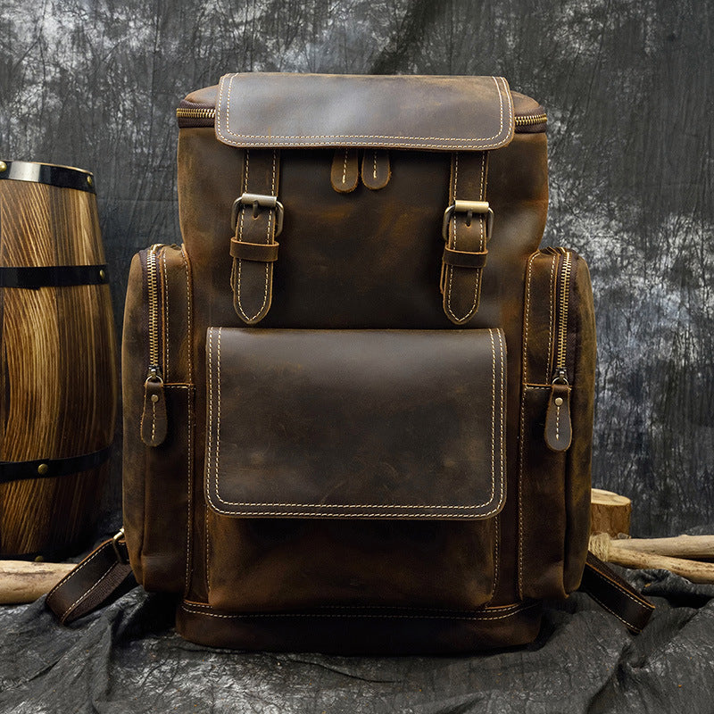 Large Capacity Crazy Horse Leather Backpack, Student School Travel Daypack, Premium Genuine Leather Bag for Men