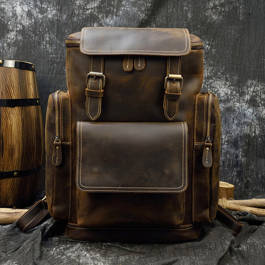 Large Capacity Crazy Horse Leather Backpack, Student School Travel Daypack, Premium Genuine Leather Bag for Men