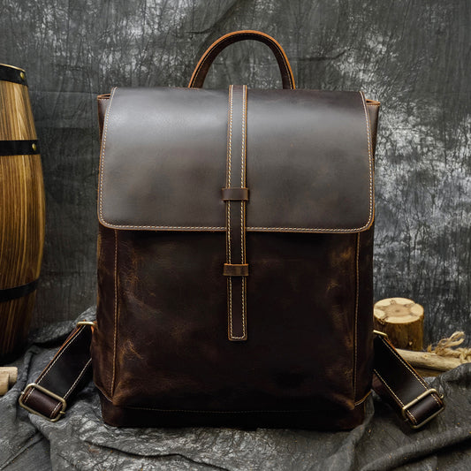 Vintage Top Layer Cowhide Flap Backpack, Crazy Horse Leather Durable Laptop Travel School Bag for Men