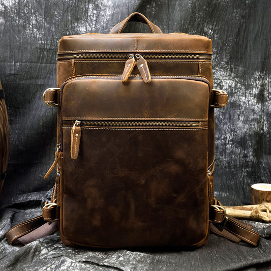 Vintage Crazy Horse Leather Cylindrical Backpack, Top Layer Cowhide Student Travel Daypack, Durable Rucksack for Men