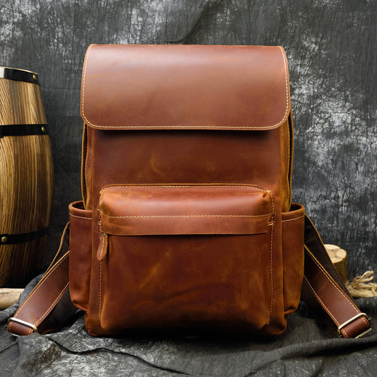 14-Inch Vintage Crazy Horse Leather Backpack, Top Layer Cowhide Travel School Bag, Durable Rucksack for Men and Students