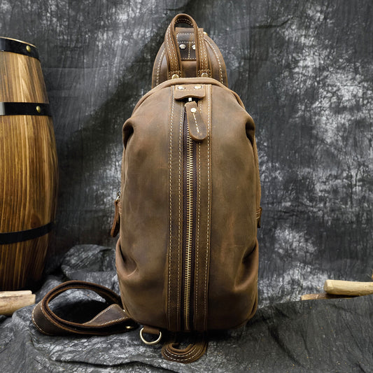 Vintage Genuine Leather Large Capacity Chest Bag, Outdoor Sports Crossbody Pouch, Top Layer Cowhide Travel Bag for Men