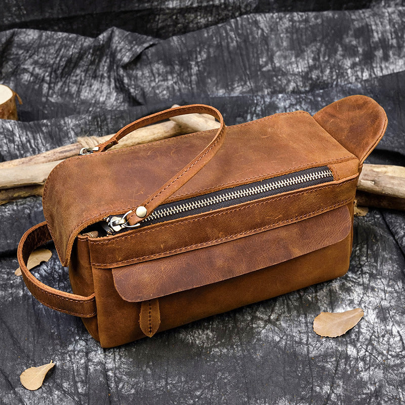 New Crazy Horse Leather Multifunctional Clutch, Large Capacity Toiletry Cosmetic Travel Pouch, Premium Storage Organizer for Men and Women