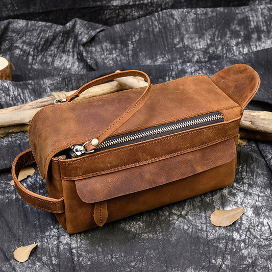 New Crazy Horse Leather Multifunctional Clutch, Large Capacity Toiletry Cosmetic Travel Pouch, Premium Storage Organizer for Men and Women