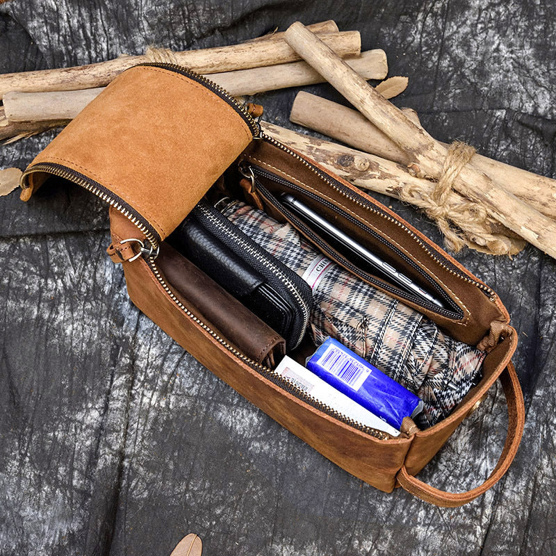 New Crazy Horse Leather Multifunctional Clutch, Large Capacity Toiletry Cosmetic Travel Pouch, Premium Storage Organizer for Men and Women